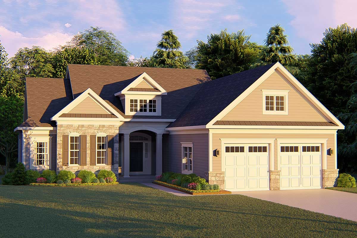 House plan exterior, one story. Features include gables, dormers, a covered entry, and a two-car garage.
