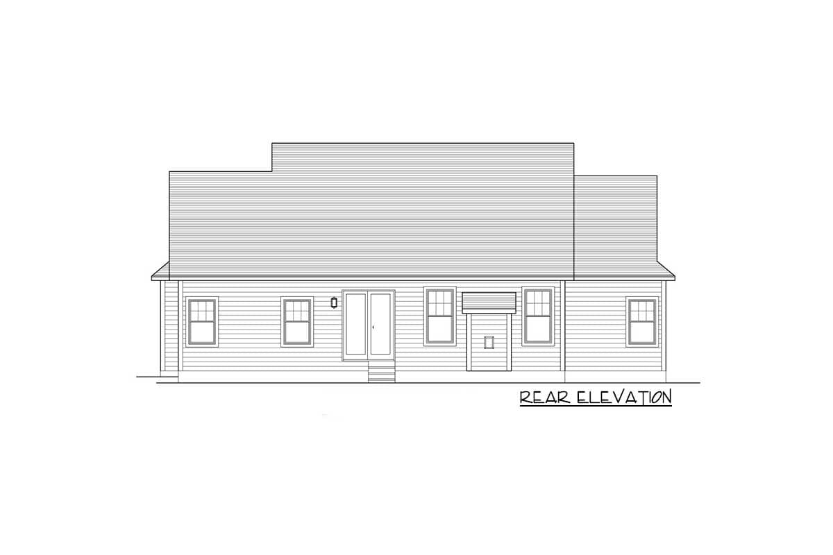 Rear elevation drawing of a one-story house plan with a centered door, multiple windows, and a stepped roofline.