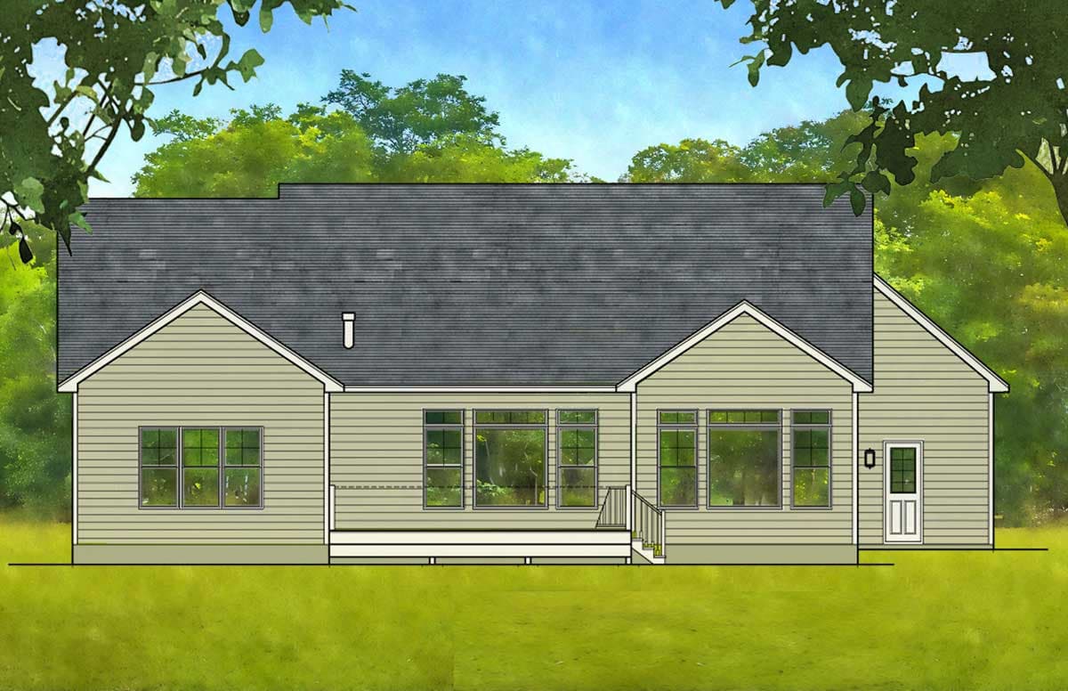 House plan exterior, ranch style, with gabled front, deck, and multiple windows on rear elevation.