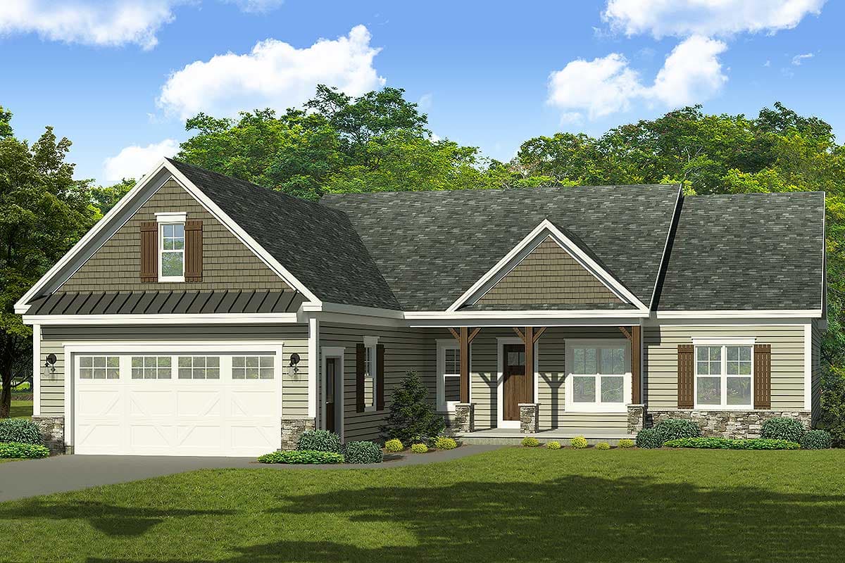 House plan exterior. Craftsman style, one-story home with a gabled roof, covered porch with exposed beams, and attached garage with a gable.