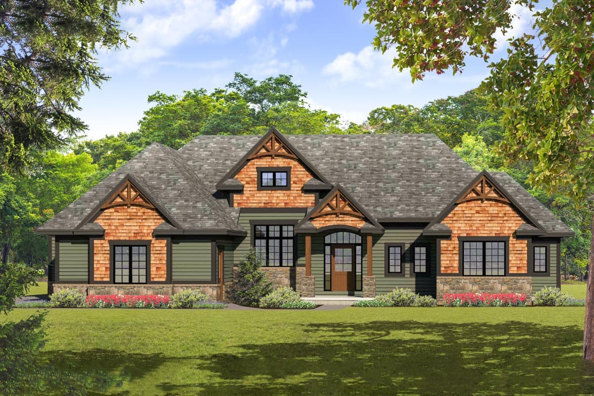 House plan exterior. Craftsman style, single-story home with shake siding, multiple gables, and a front porch with timber-framed accents.