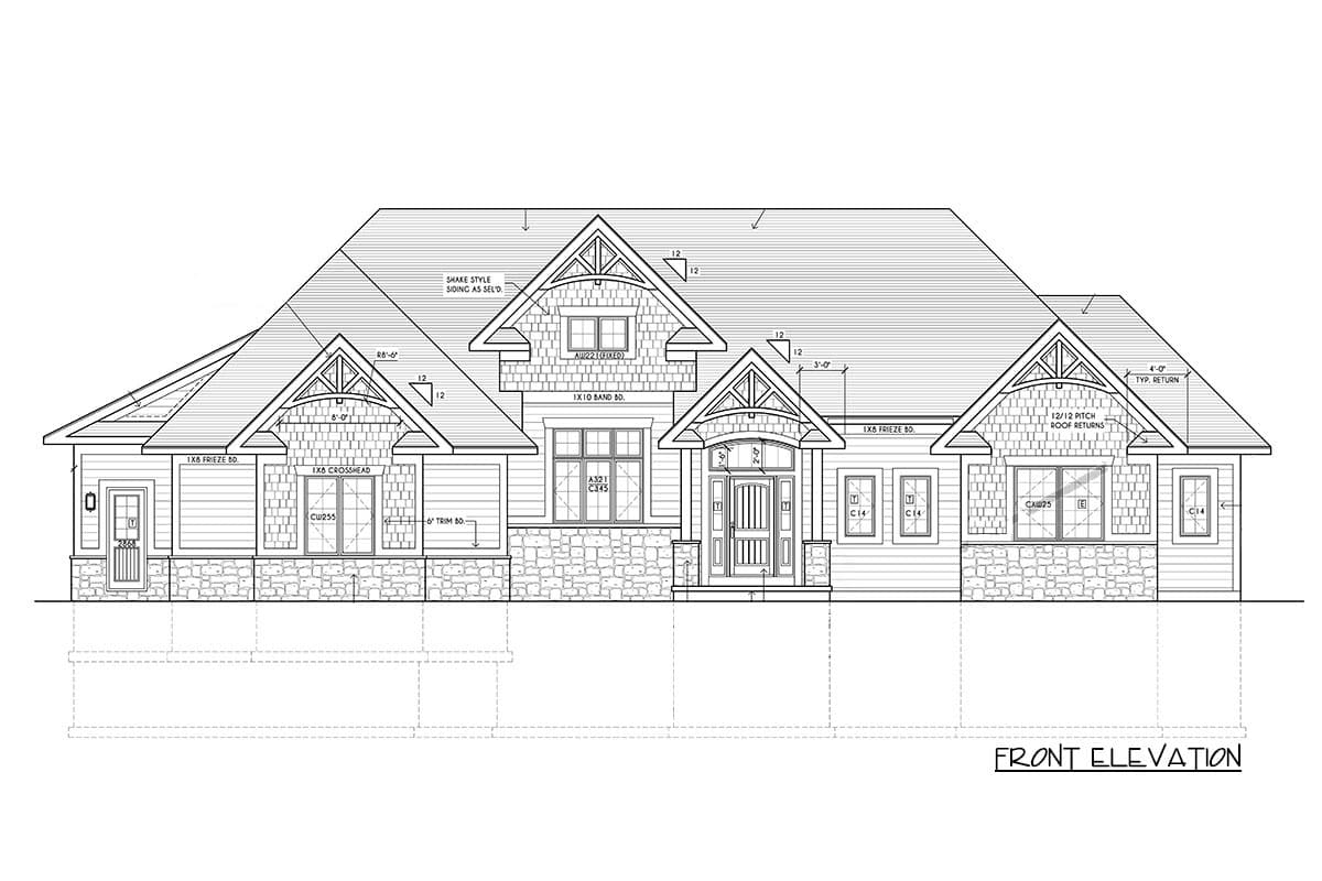 Front elevation drawing of a house with stone and siding, multiple gables, and varied roof pitches.