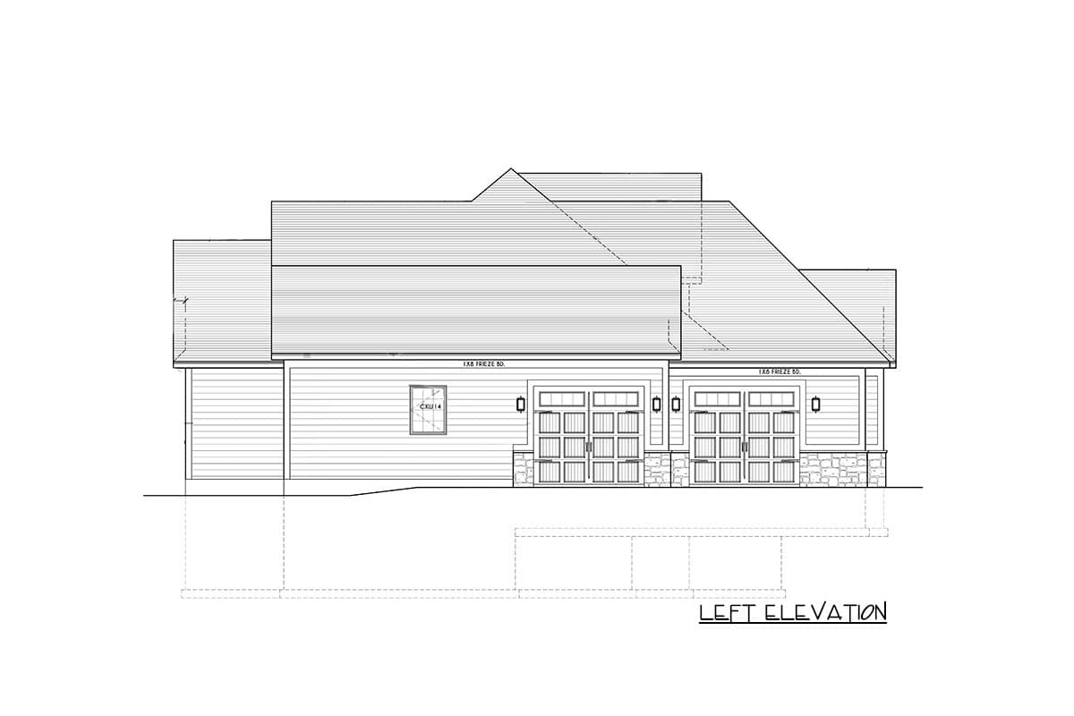 Left elevation house plan with horizontal siding, two garages, and varied rooflines.