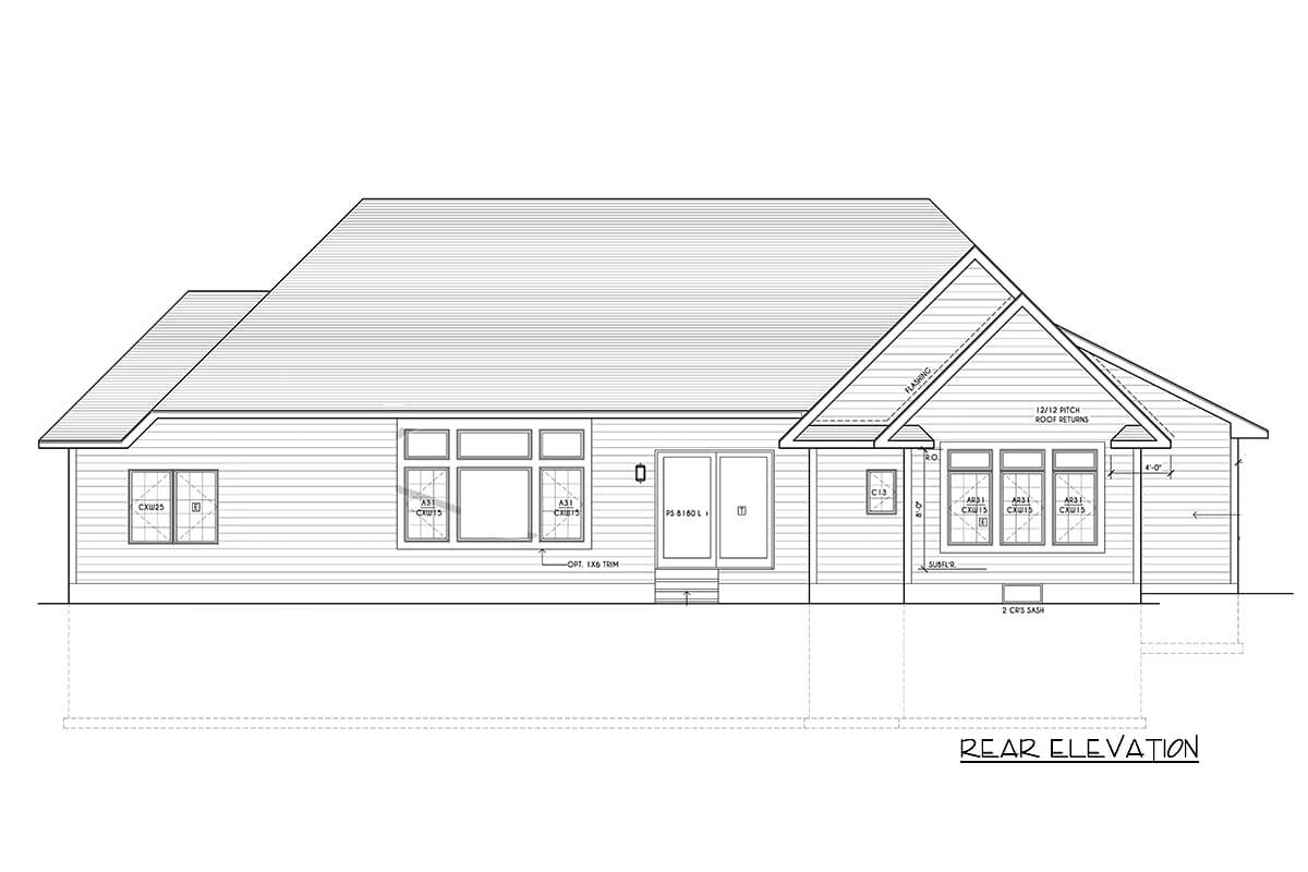 Rear elevation house plan showing vinyl siding, a 12/12 pitch roof, multiple windows, and a sliding glass door.