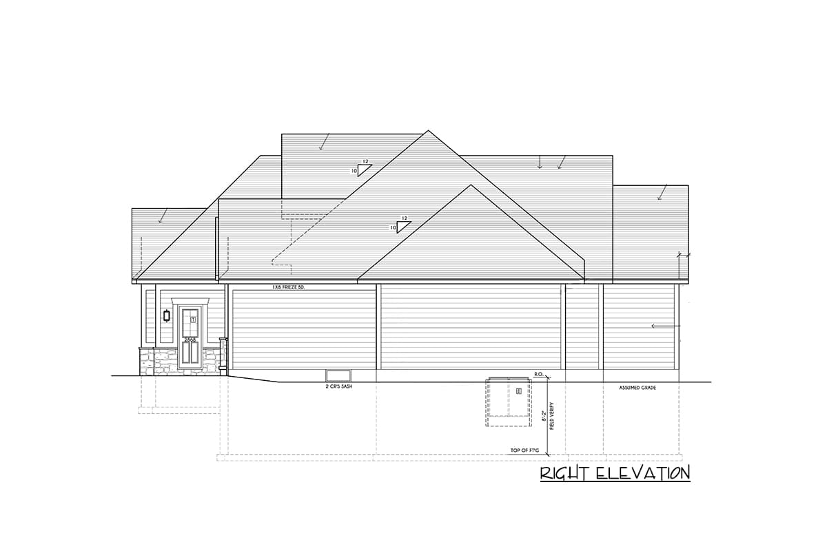 Right elevation house plan showing multiple rooflines, gabled entrance with stone base, and attached garage.