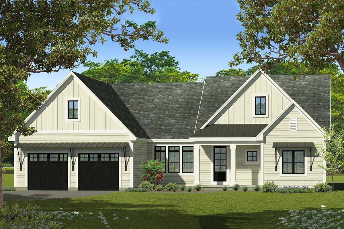 House plan exterior. One-story Modern Farmhouse with gables, a covered entry porch, and a two-car garage with black carriage-style doors.