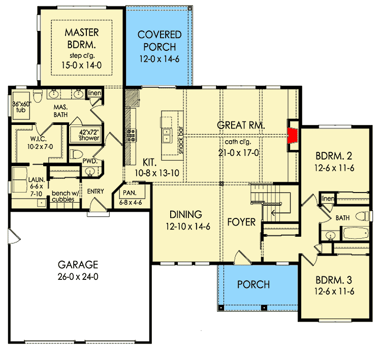 Plan 790015GLV: 3-Bed One-Story House Plan with Vaulted Great Room  - Floor Plan - Main Level - Country, New American, Traditional