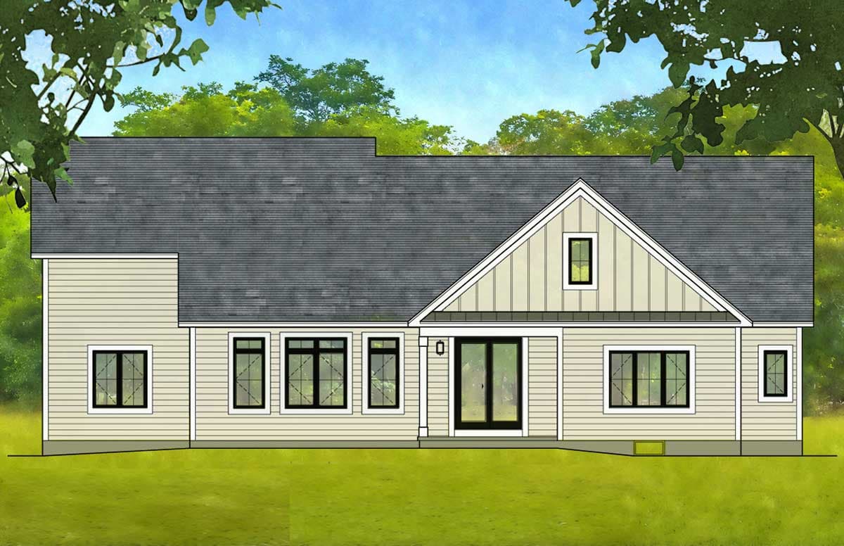 House plan exterior, single-story with a prominent gable, vinyl siding, and multiple window configurations.