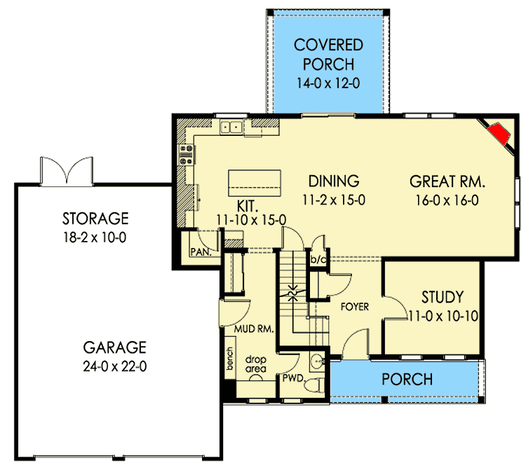 Plan 790016GLV: 3-Bed House Plan with Upstairs Laundry and Bonus Room - Floor Plan - Main Level - Craftsman, Northwest, Traditional