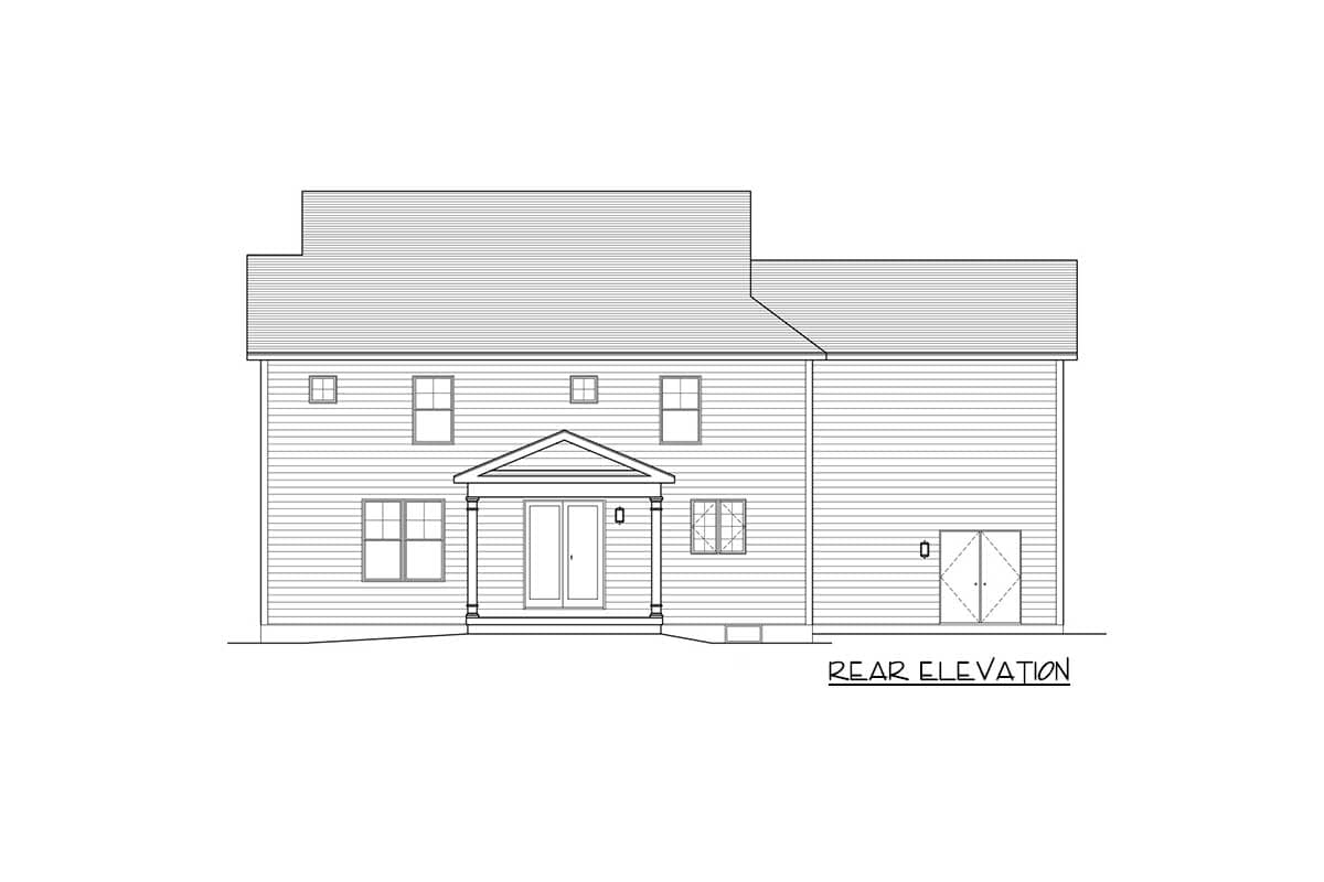 Rear elevation of a two-story house plan with a central gabled porch, multiple windows, and double doors to the exterior.