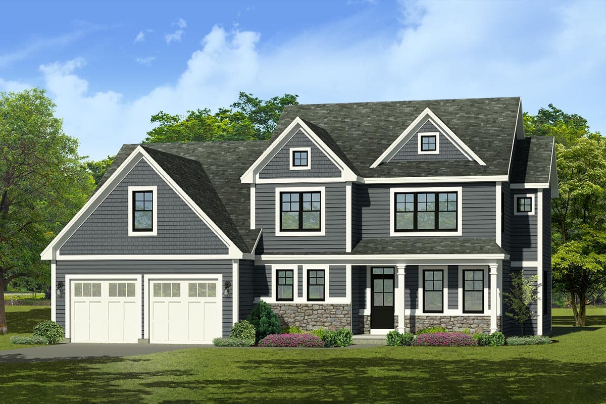 House plan exterior. Two-story home with Craftsman style. Features include a front porch, gabled roof, dormers, and a two-car garage.