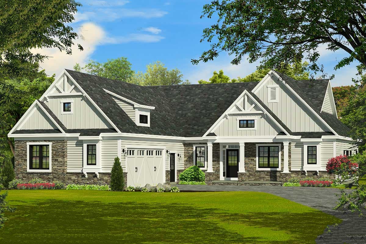 House plan exterior featuring Craftsman-style elements, multi-gabled roofline, stone accents, and a front-facing garage.