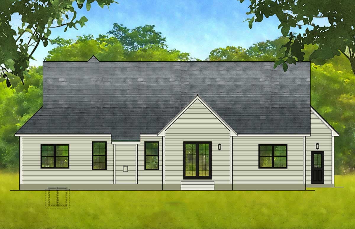 House plan exterior, side view. One-story structure with gable, multiple windows, double doors, and single door entry.