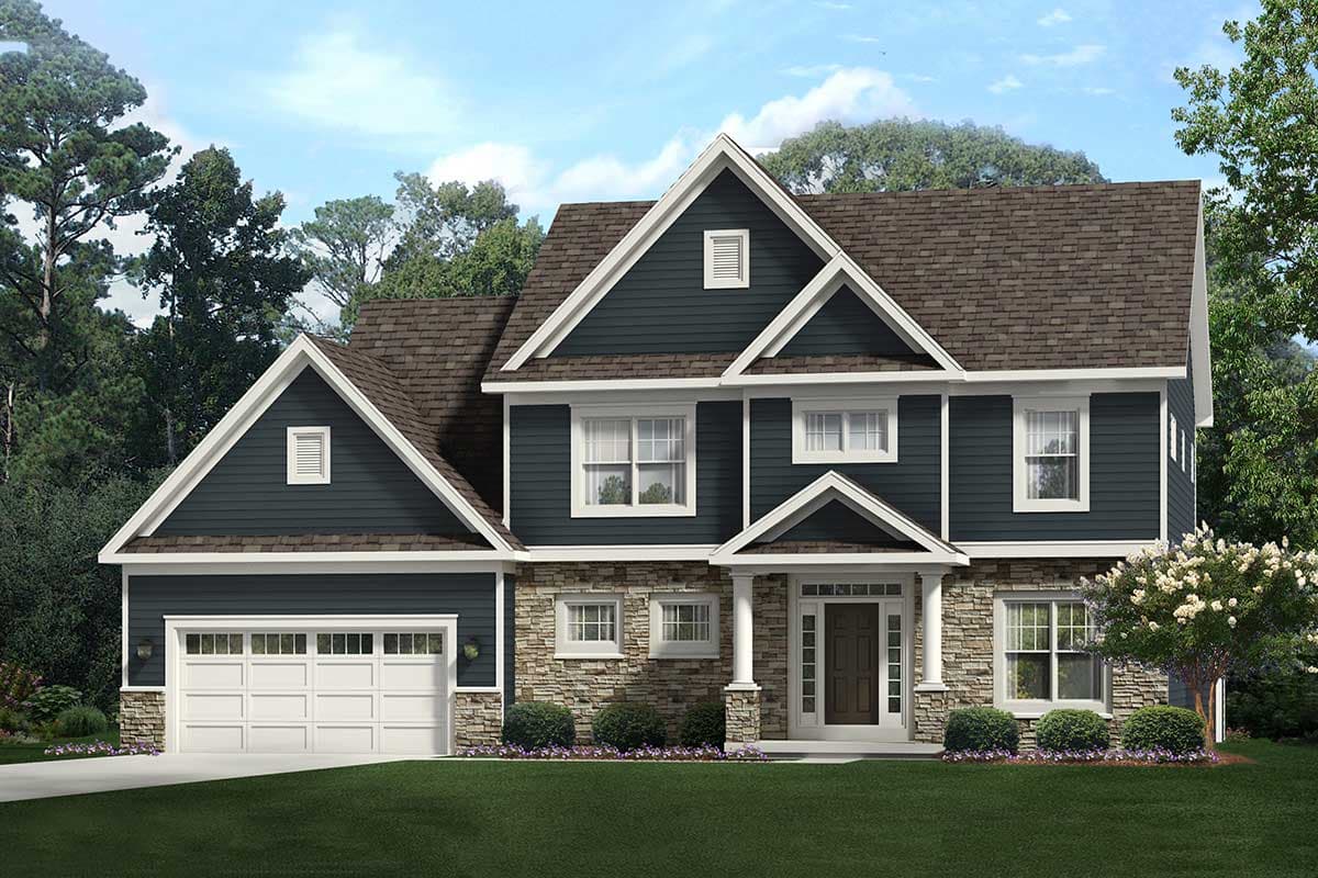 House plan exterior. Two-story Craftsman home with gabled roof, stone facade, front porch with columns, and attached garage.