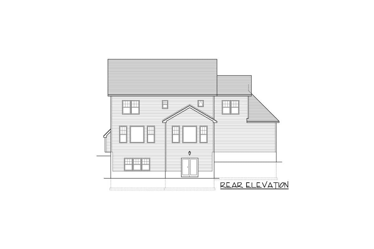 Rear elevation drawing of a two-story house with multiple gables, double doors, and numerous multi-pane windows.