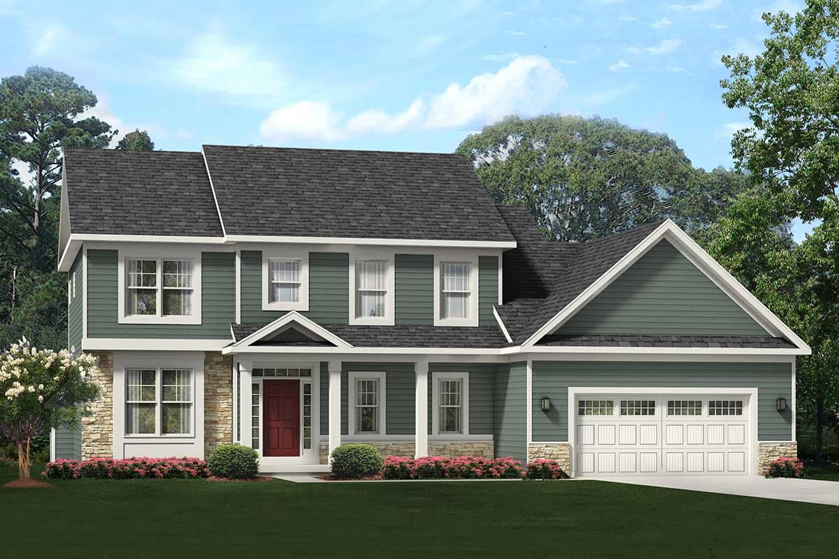 House plan exterior with two stories, gabled roof, front porch with columns, and attached garage. Stone veneer accents the facade.