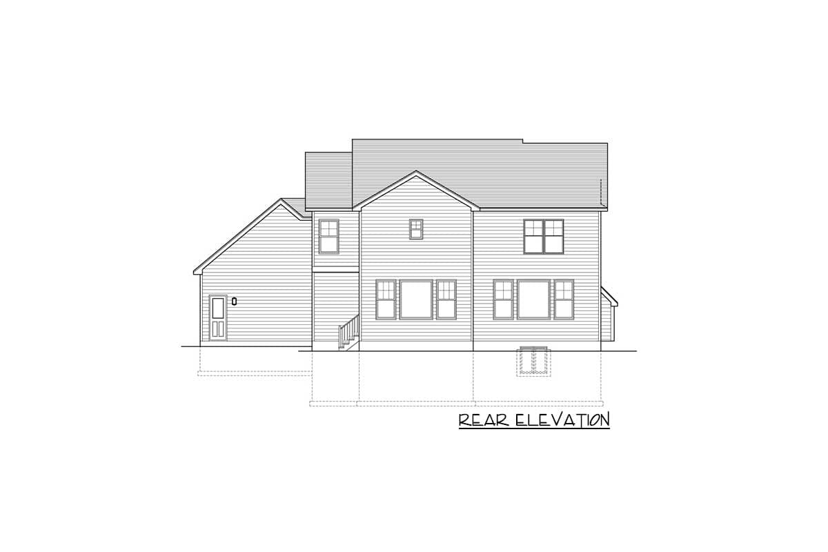 Rear elevation drawing of a two-story house plan with a side-facing door, multiple windows, and a prominent roofline.