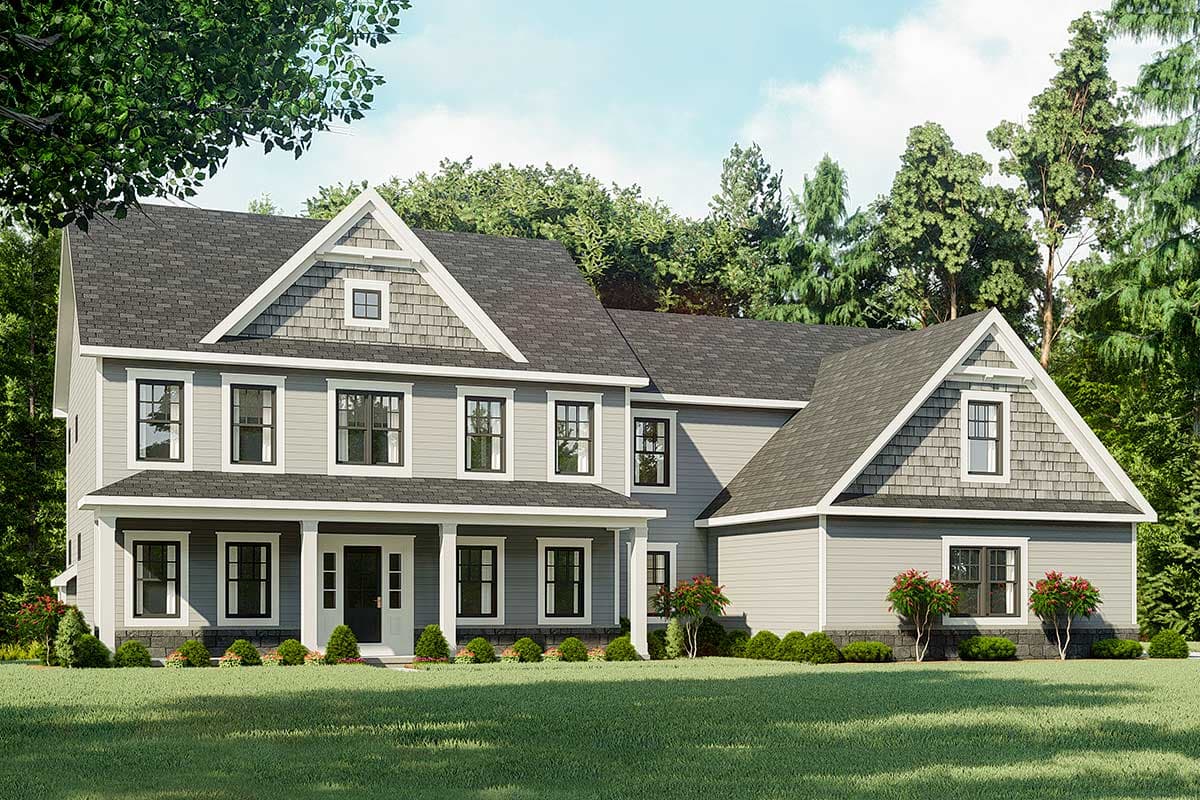 House plan exterior. Two-story home with a gabled roof, a front porch, and dormers. The home features multiple windows and a neutral color scheme.