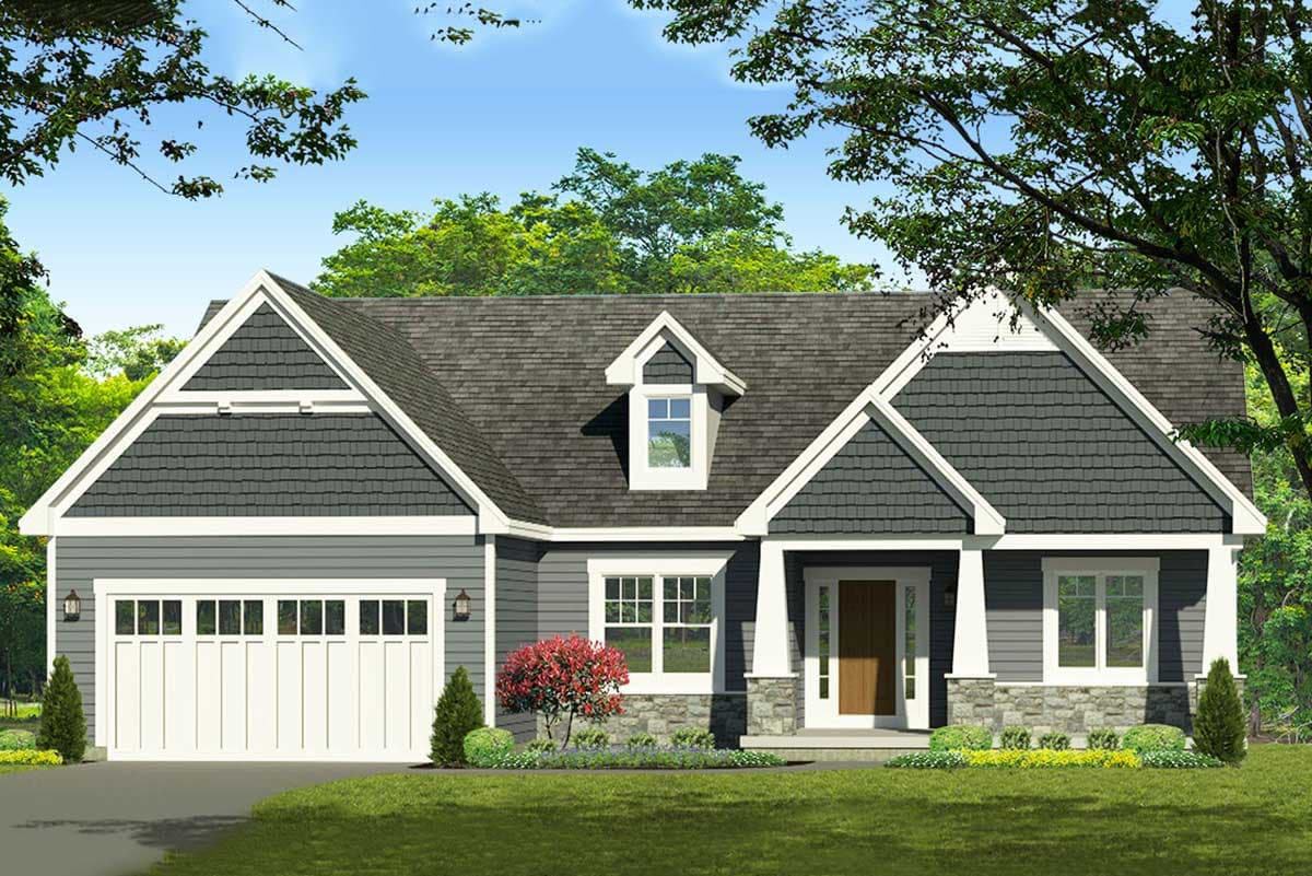 House plan exterior with Craftsman style, single story, and a gable roof. Features include a front porch, dormer, and attached garage.