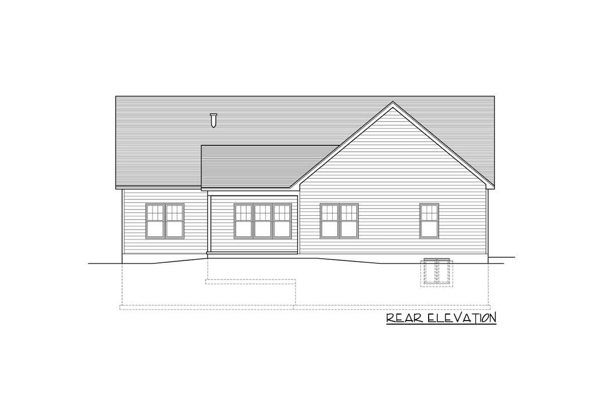 Rear elevation house plan drawing showing a one-story house with a gable roof, lap siding, and multiple windows.