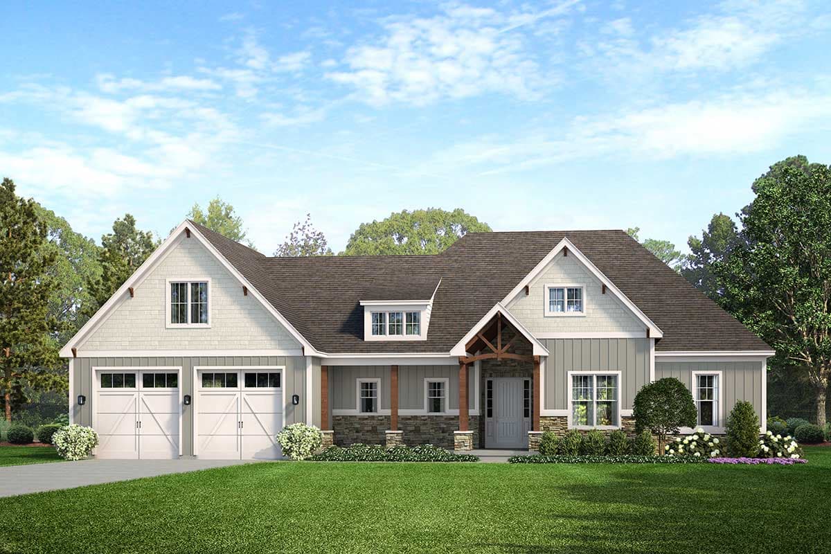 House plan exterior with Craftsman style, single-story, front-facing gable, covered porch, and a side-entry garage.