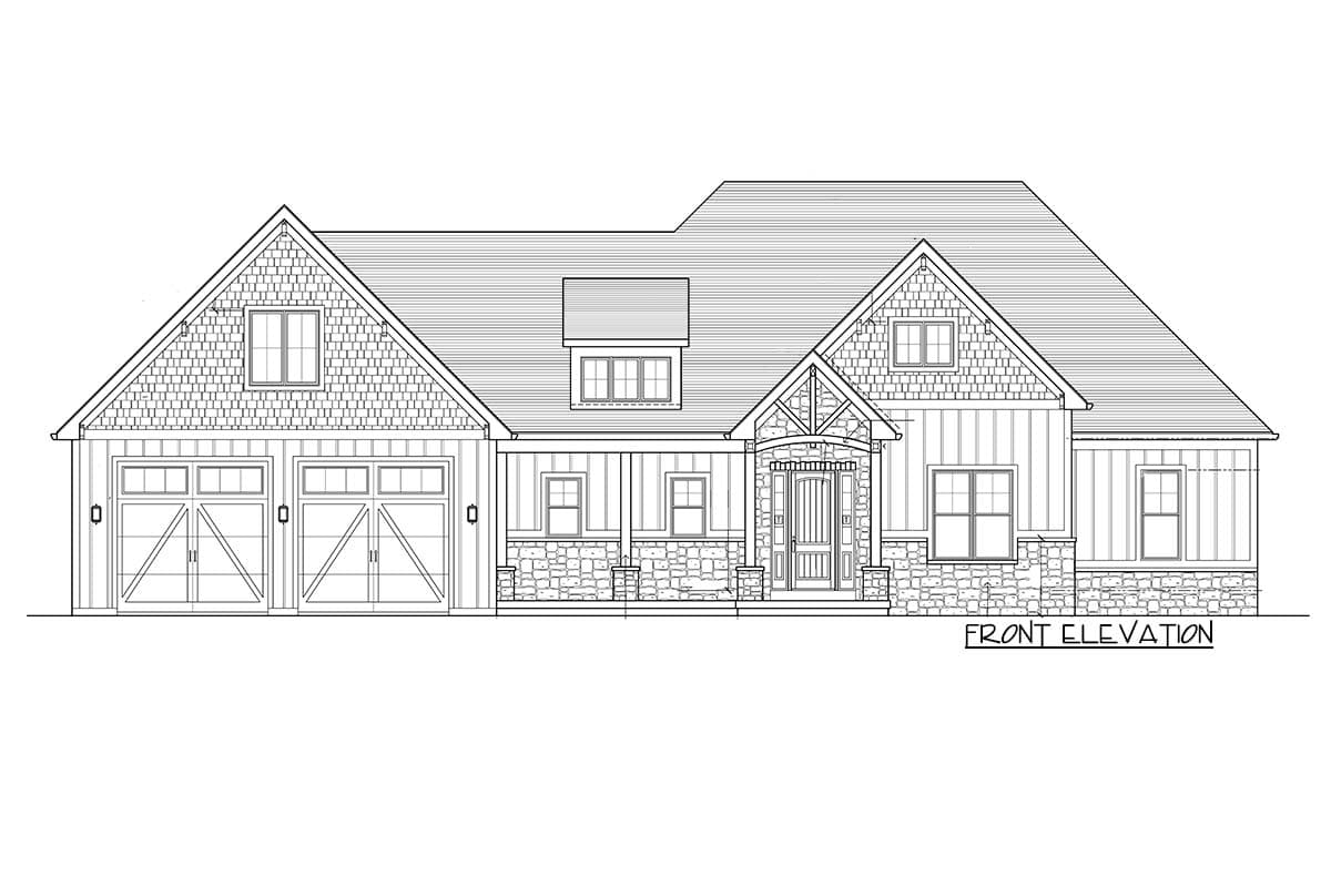 Front elevation drawing of a house plan with a prominent gabled entryway, dormer, and attached two-car garage.