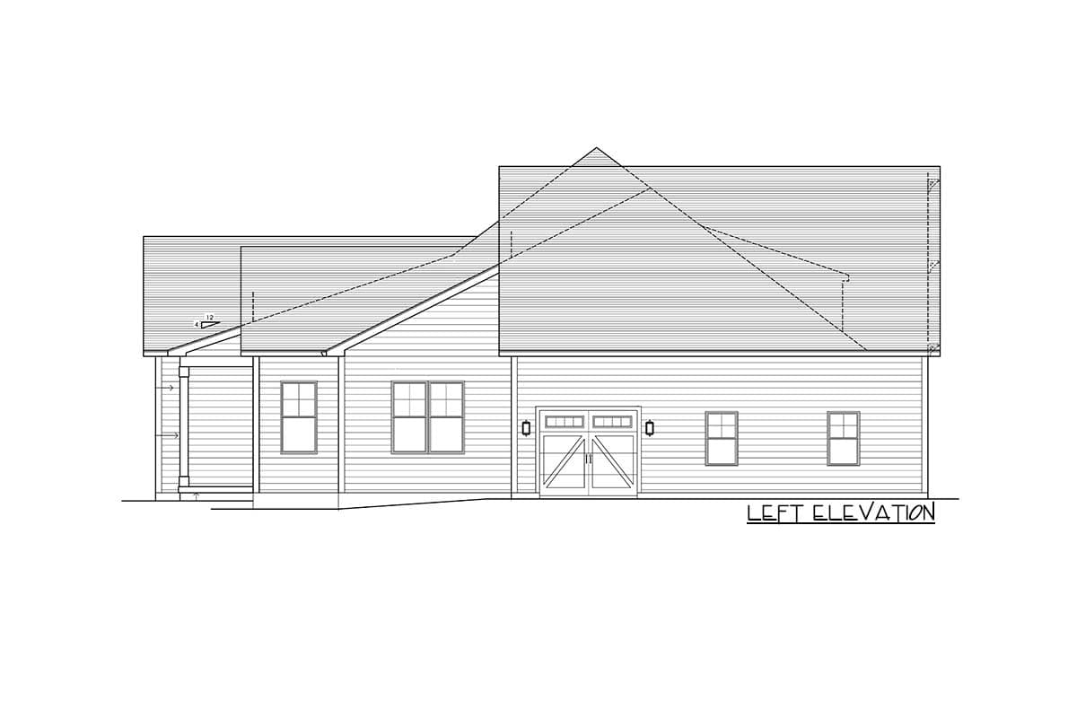 Left elevation drawing of a house plan featuring a gabled roof, two windows, a covered porch with columns, and a two-car garage with barn-style doors.