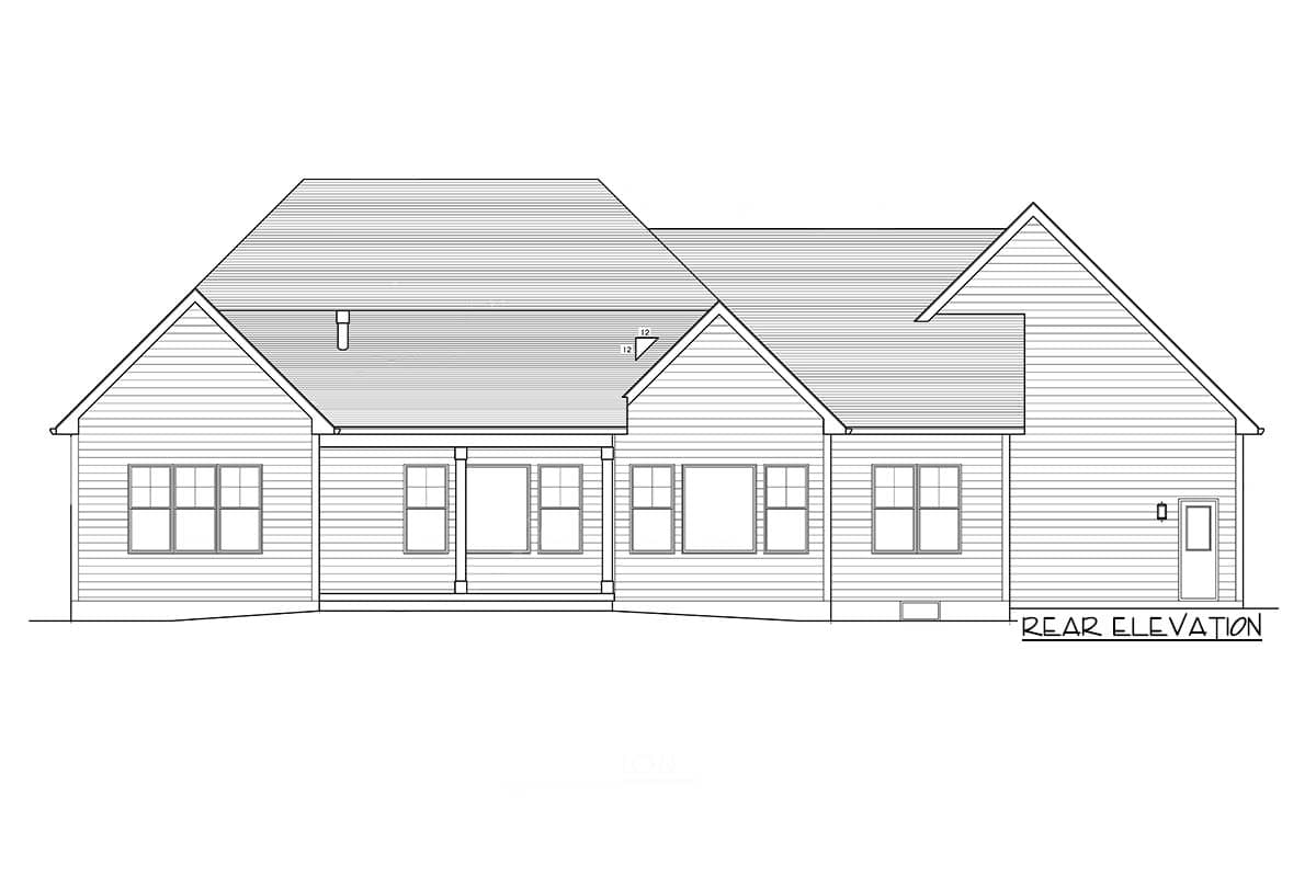 Rear elevation house plan showing a one-story structure with gables, dormers, and a covered porch.