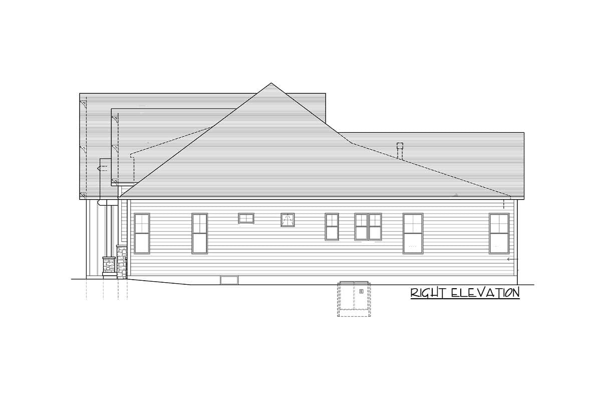 House plan right elevation drawing showing varied rooflines, porch supports, and multiple windows.