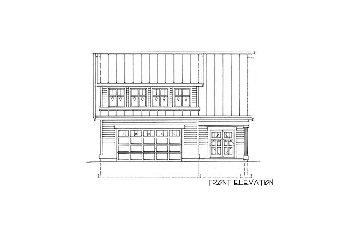 Front elevation drawing of a two-story house with a metal roof, multiple windows, a large garage door, and an entry door with sidelights.