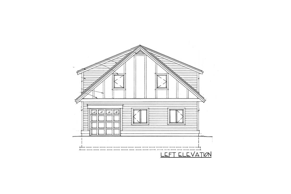 Left elevation floor plan drawing shows a two-story structure with a gambrel roof, a garage door, and three windows.