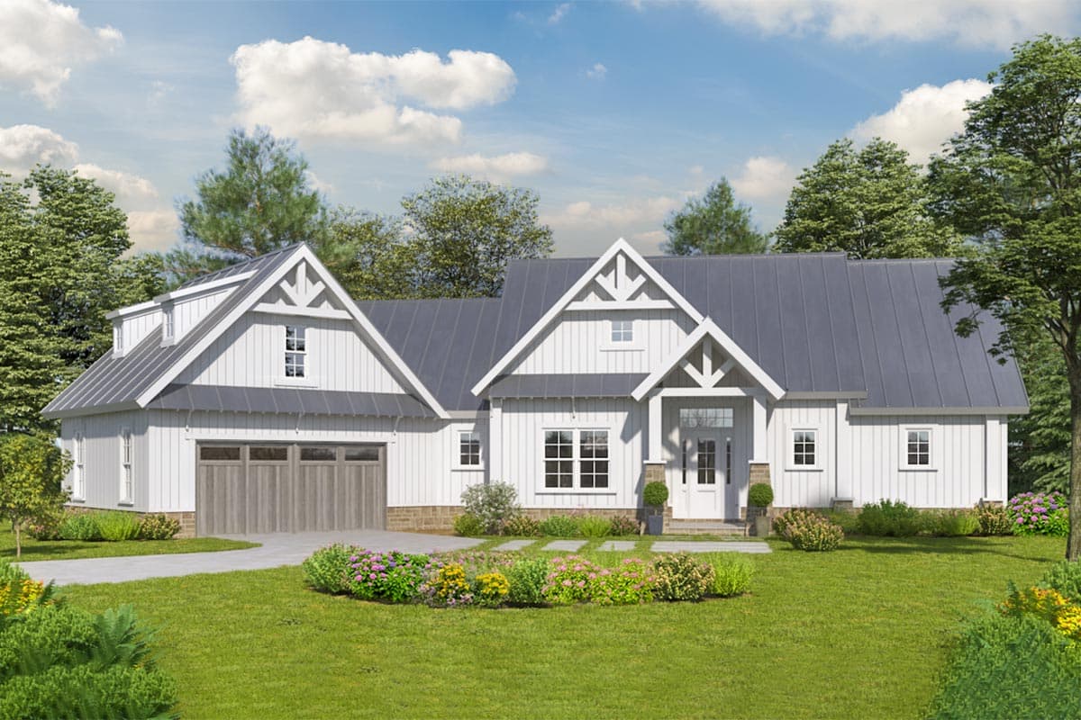 House plan exterior. Modern farmhouse style with gabled roof, two stories, and attached garage. Features include dormers and covered entry.