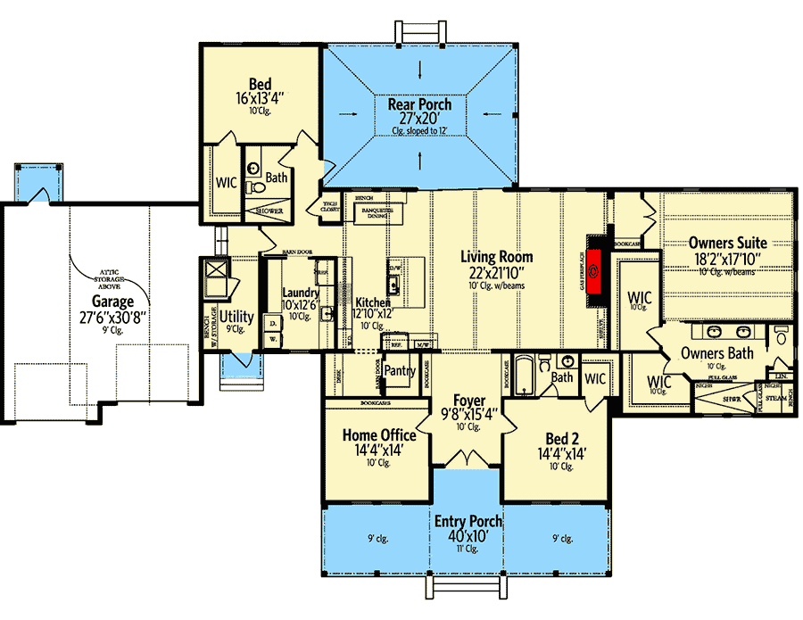 Plan 82234KA: Southern Farmhouse Plan with Vaulted Rear Porch - Floor Plan - Main Level - Country, Ranch, Southern