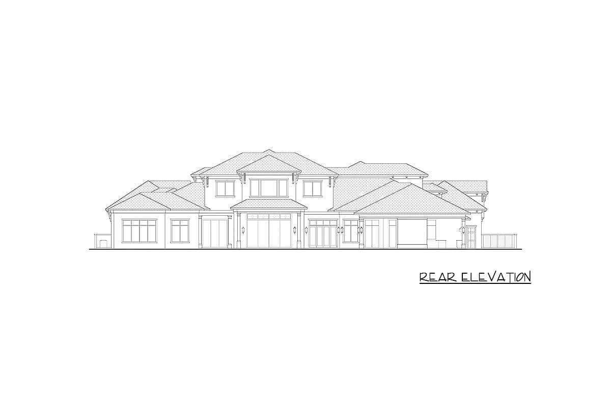 Rear elevation drawing of a two-story house plan with multiple gables, a central projecting section, and a three-car garage.