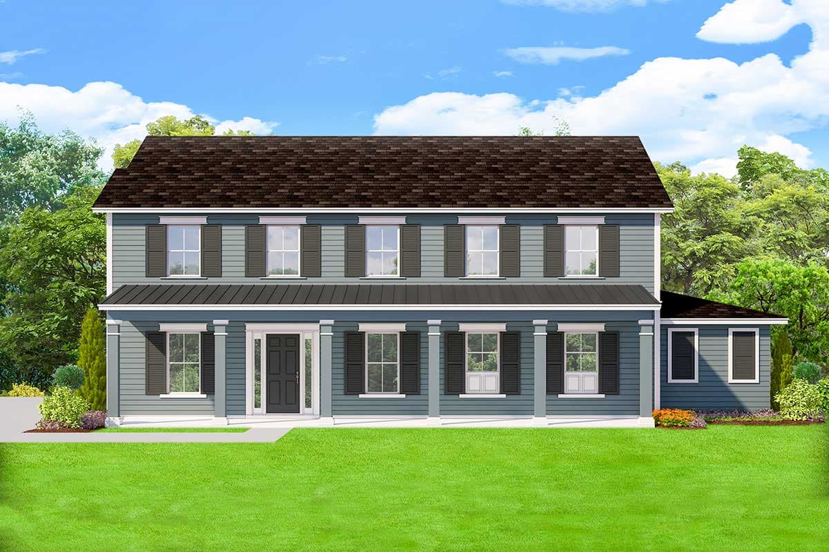 House plan exterior. Two-story Colonial style home with a front porch, multiple windows, dark shutters, and a hipped roof.