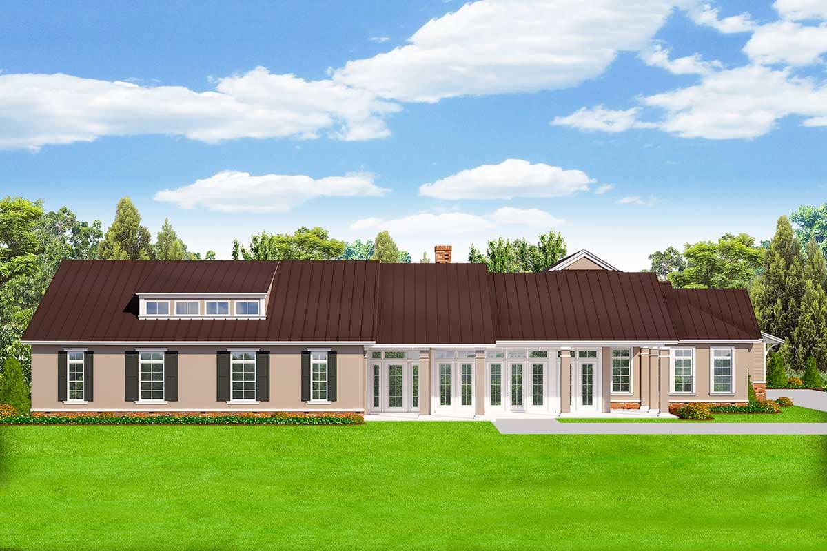 House plan exterior with dormer windows, a hipped roof, and multiple sets of French doors leading to a patio area.