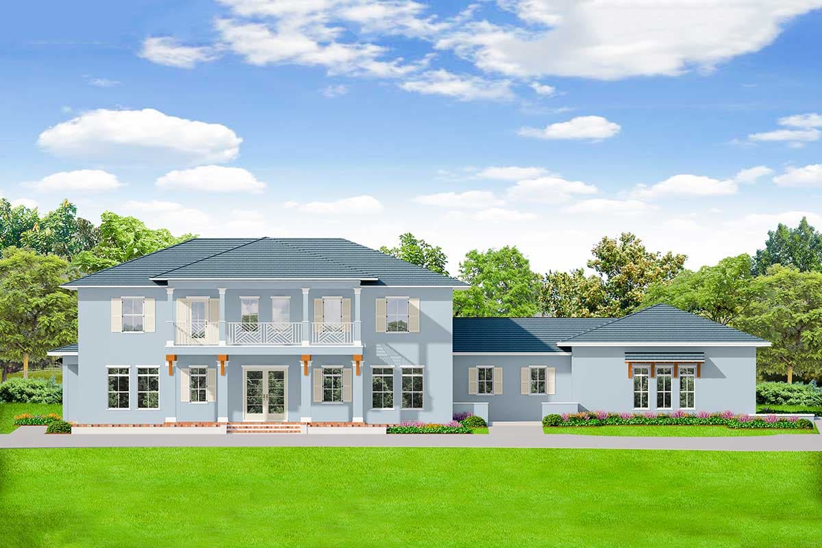 House plan exterior. Two-story home with a balcony, symmetrical facade, and columned porch. Features a hip roof with a covered porch.