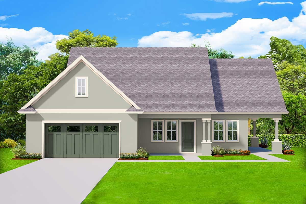House plan exterior with gable roof, front-facing garage, and covered porch. Features include a centered front door and multiple windows.