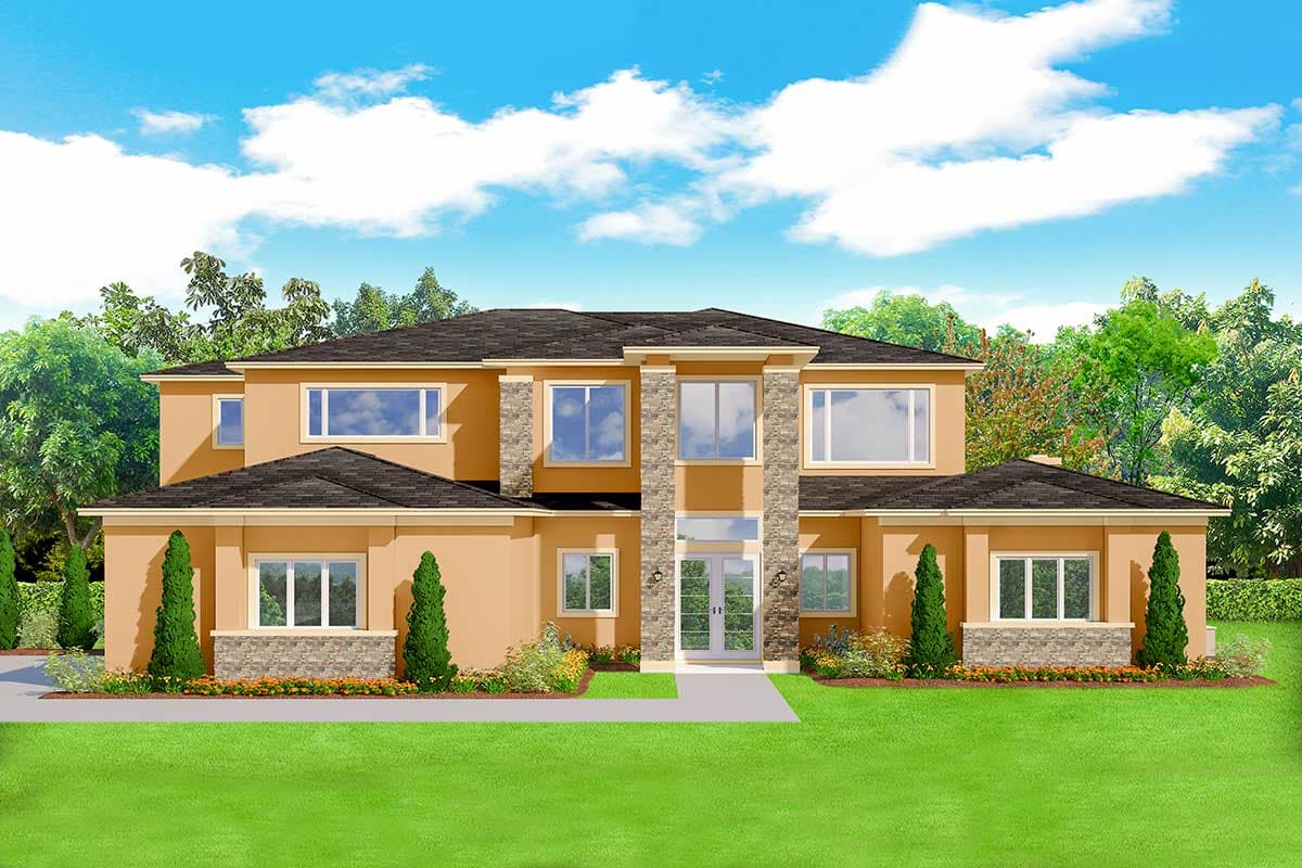 House plan exterior. Two-story home with a flat roof, stone accents, and large windows. Includes a double-door entryway.