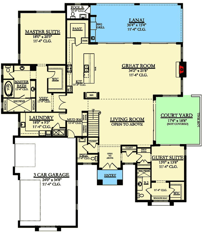 Plan 82244KA: Striking 5-Bedroom Stone and Stucco House Plan with Main-Floor Master and Courtyard - Floor Plan - Main Level - European, Florida-Style, Mediterranean, Southern
