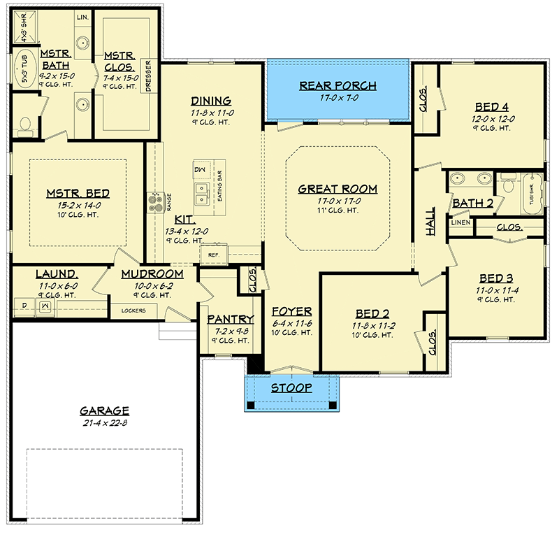 Plan 51782HZ: 4-Bedroom French Country Plan with Huge Master Suite - 2053 Sq Ft - Floor Plan - Main Level - Acadian, French Country, Louisiana-Style, Southern