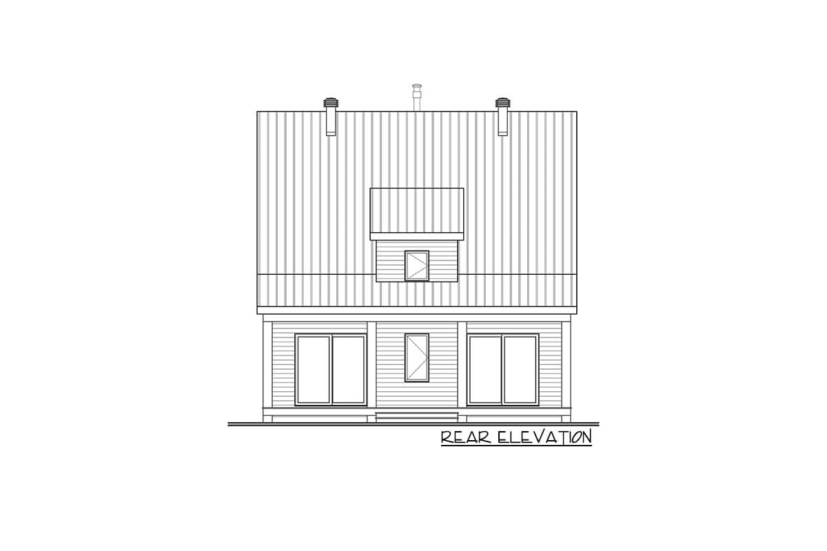 Rear elevation house plan: Metal roof, dormer, siding, two sliding doors, and one central window.