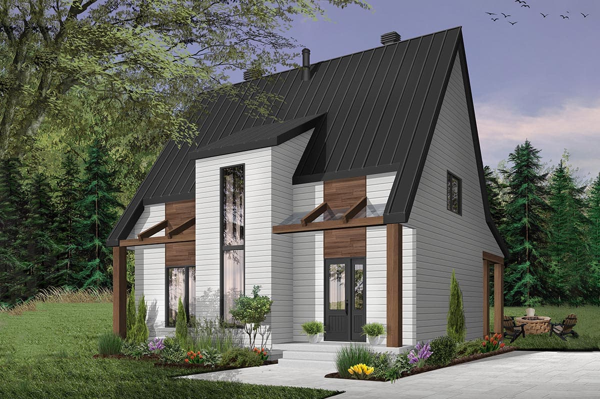 House plan exterior. Two-story Modern house with a metal roof, front-facing gables, and a covered porch supported by wood posts.