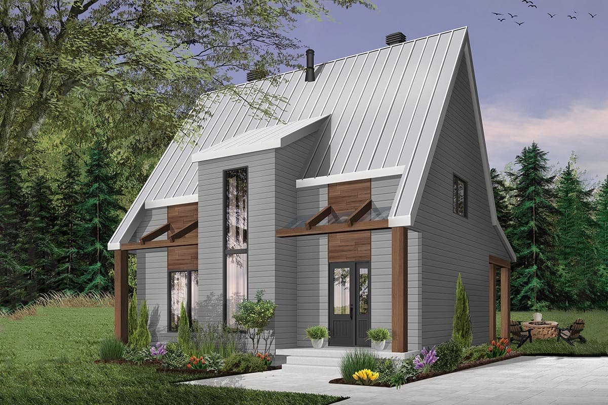 Modern house plan exterior with a steeply pitched metal roof, vertical siding, and prominent wood beams over entrance.