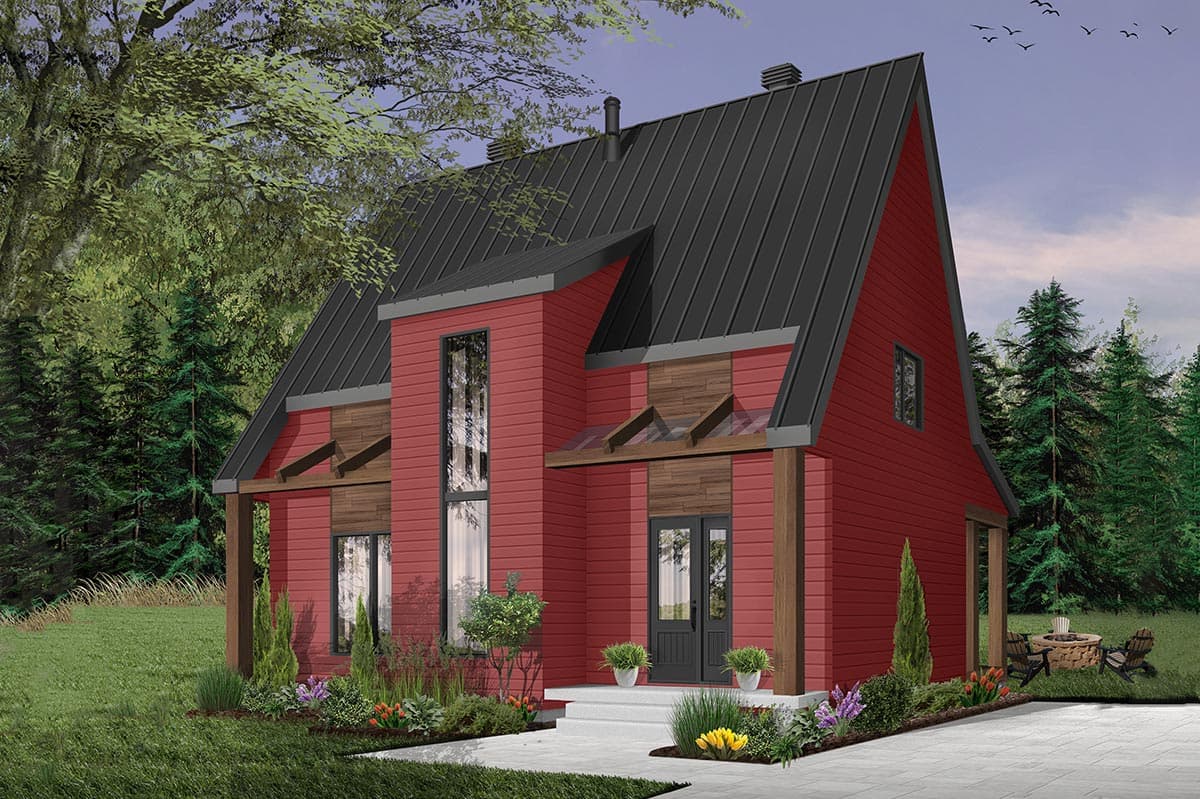 Modern A-frame house plan exterior with red siding, black metal roof, prominent vertical windows, and exposed wood beams over entryway.