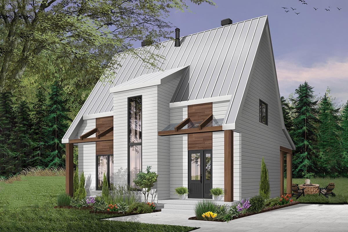 Modern house plan exterior with a standing seam metal roof, vertical siding, and prominent gables.