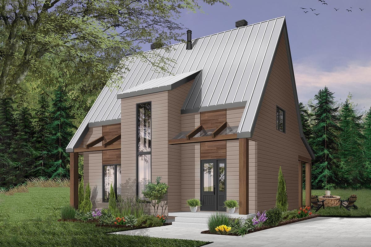 Modern house plan exterior with a standing seam metal roof, prominent gables, wood accents, and a covered entry with double doors.