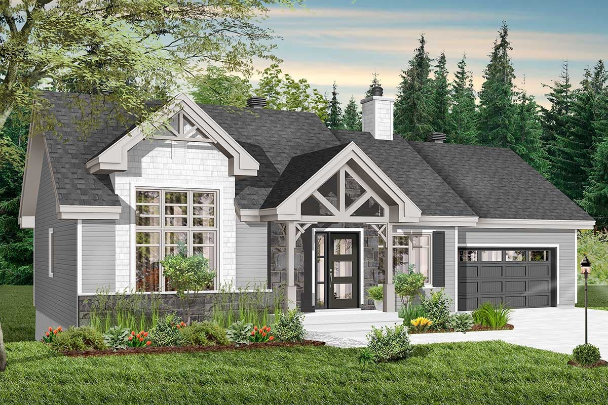 House plan exterior with gabled front entrance, stone accents, large window, and attached garage.