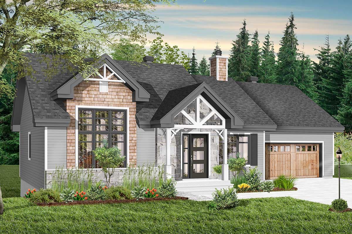 House plan exterior: Ranch style, one story, featuring a covered front porch with stone accents, gable dormers, and a two-car garage.
