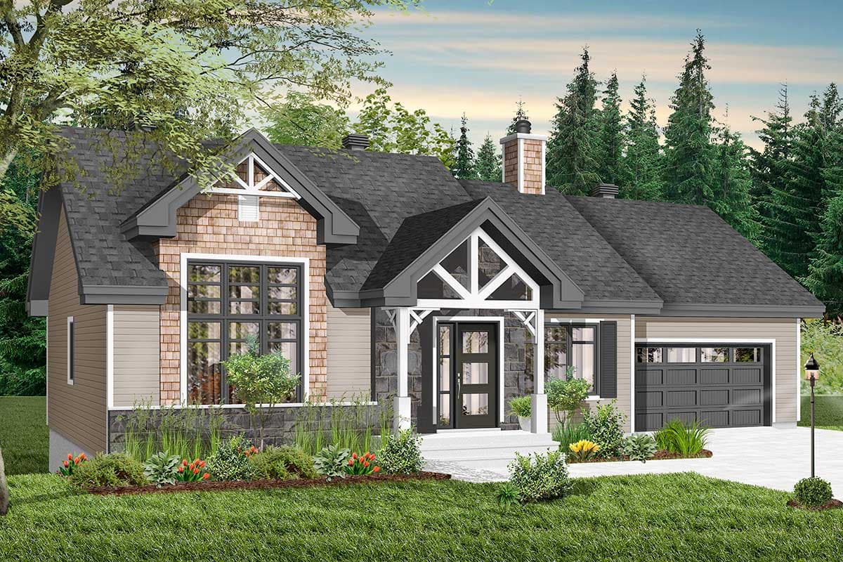 House plan exterior. Features include a front gable, Craftsman-style porch, and attached garage. The design has a gabled roof and stone accents.